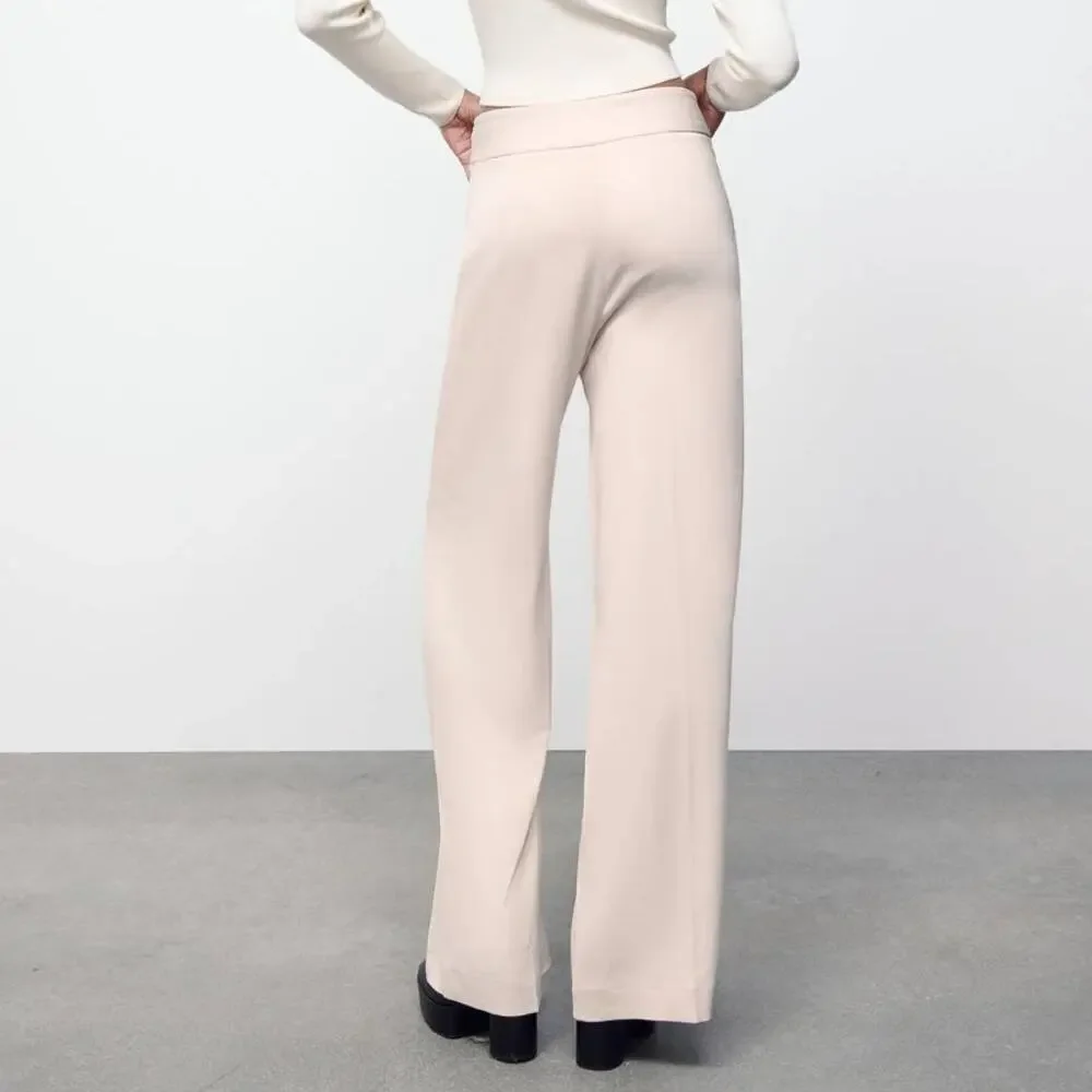 Zara Full Length Trousers with Cutout Opening in Ecru Off White